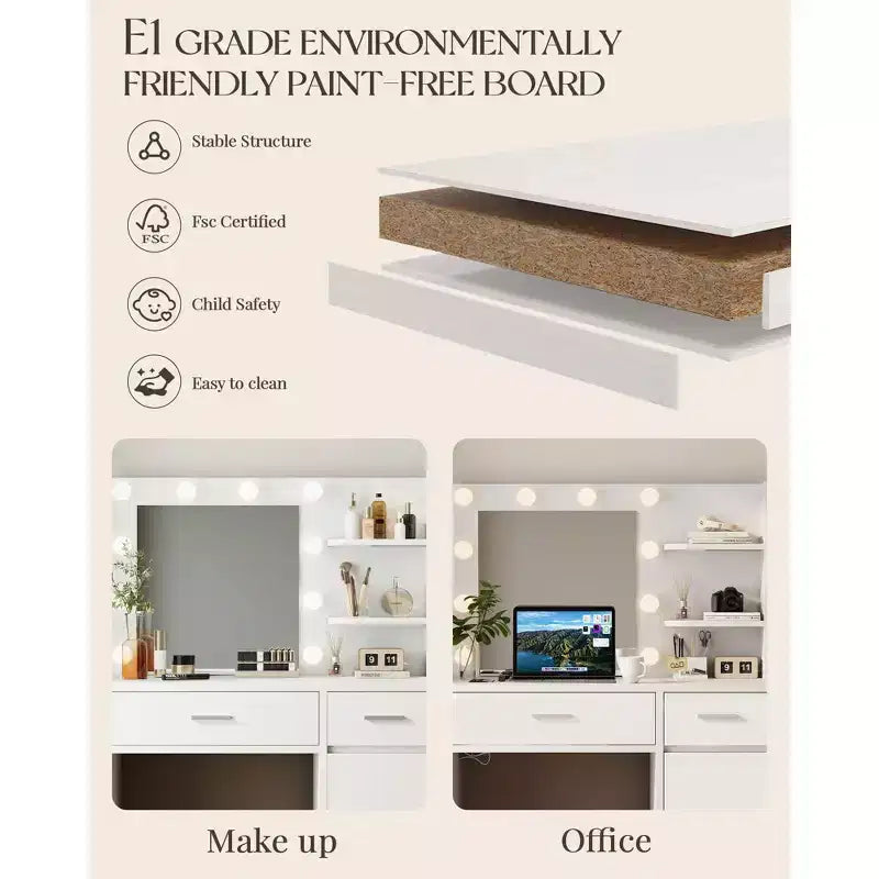 Toeletta con specchio, presa di corrente e 10 luci, tavolo da trucco con 3 cassetti, 3 modalità di colore disponibili per la camera da letto