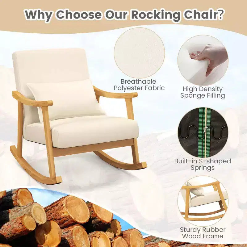 Sedia a Dondolo Imbottita con Cuscino, Poltrona a Dondolo con Struttura in Legno di Caucciù, Beige