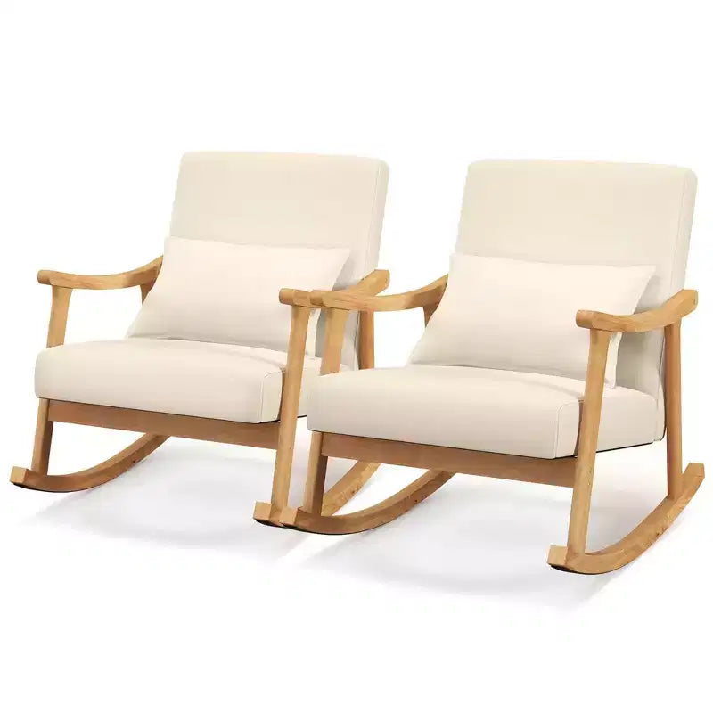 Sedia a Dondolo Imbottita con Cuscino, Poltrona a Dondolo con Struttura in Legno di Caucciù, Beige