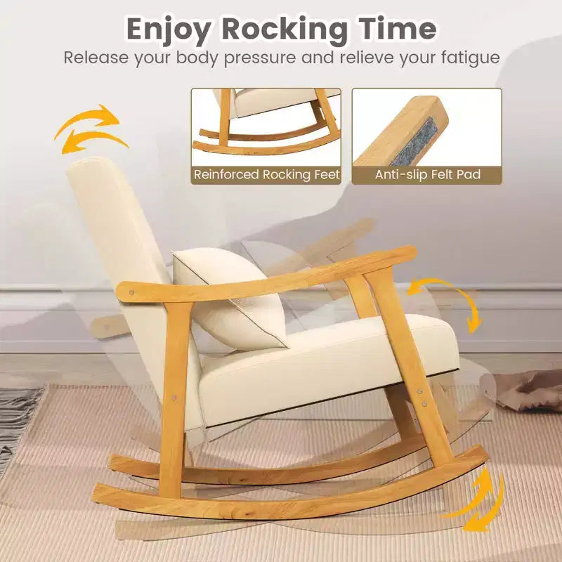 Sedia a Dondolo Imbottita con Cuscino, Poltrona a Dondolo con Struttura in Legno di Caucciù, Beige