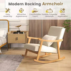 Sedia a Dondolo Imbottita con Cuscino, Poltrona a Dondolo con Struttura in Legno di Caucciù, Beige