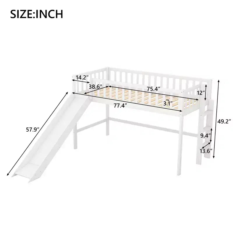 Letto a soppalco basso in legno misura doppia, con scaletta e scivolo, 77.4L x 40.5W, adatto a spazi piccoli