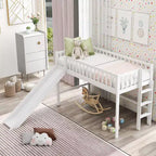 Letto a soppalco basso in legno misura doppia, con scaletta e scivolo, 77.4L x 40.5W, adatto a spazi piccoli