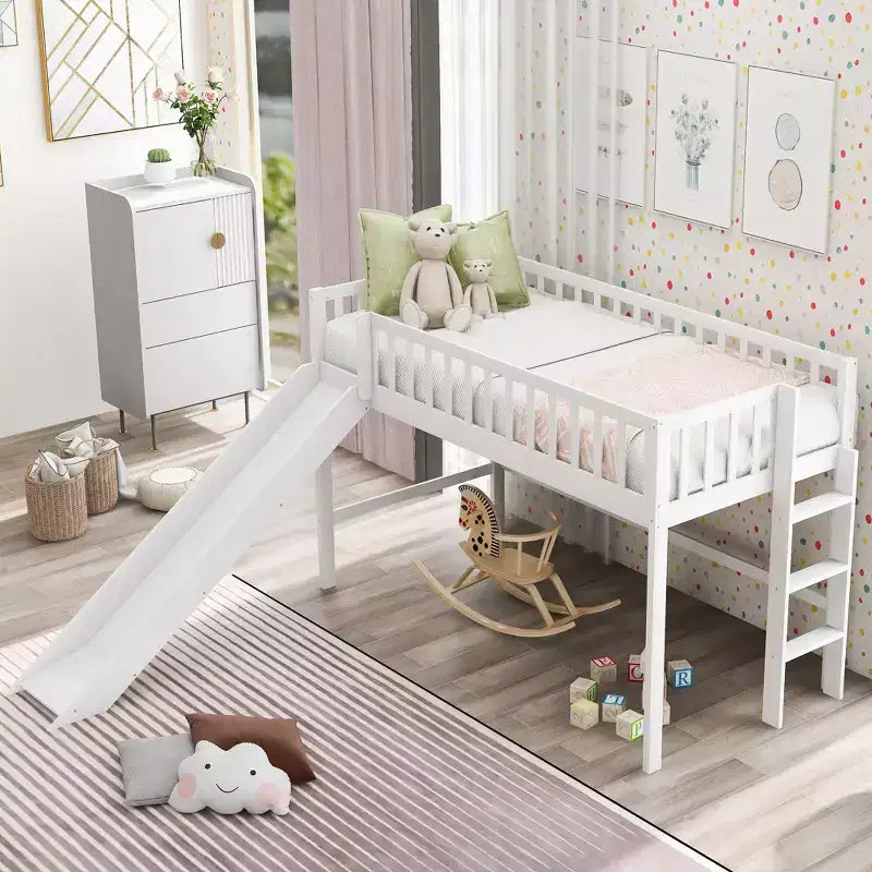 Letto a soppalco basso in legno misura doppia, con scaletta e scivolo, 77.4L x 40.5W, adatto a spazi piccoli