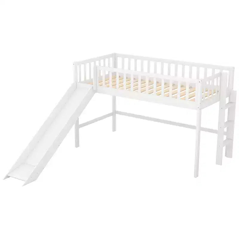 Letto a soppalco basso in legno misura doppia, con scaletta e scivolo, 77.4L x 40.5W, adatto a spazi piccoli