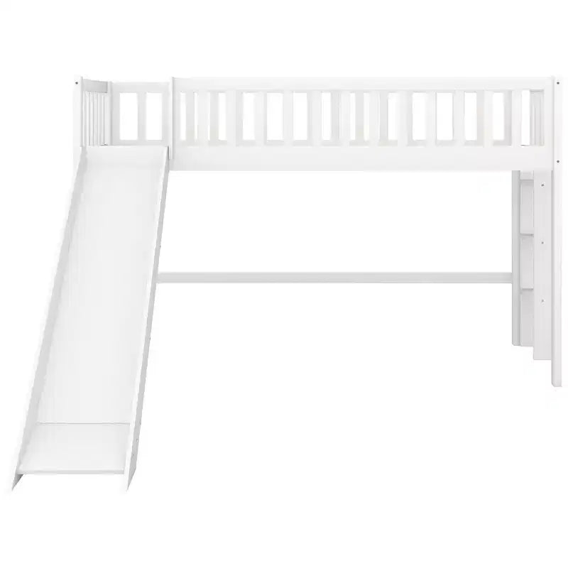 Letto a soppalco basso in legno misura doppia, con scaletta e scivolo, 77.4L x 40.5W, adatto a spazi piccoli