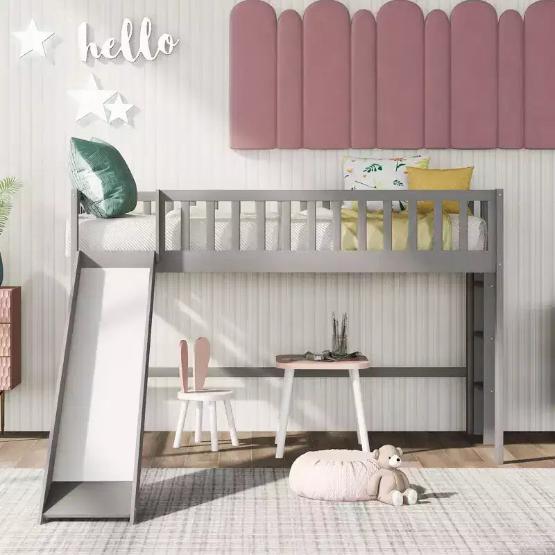 Letto a soppalco basso in legno misura doppia, con scaletta e scivolo, 77.4L x 40.5W, adatto a spazi piccoli