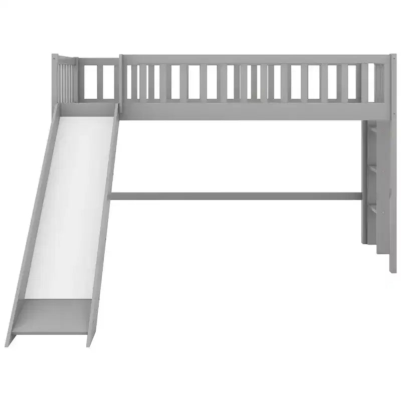 Letto a soppalco basso in legno misura doppia, con scaletta e scivolo, 77.4L x 40.5W, adatto a spazi piccoli