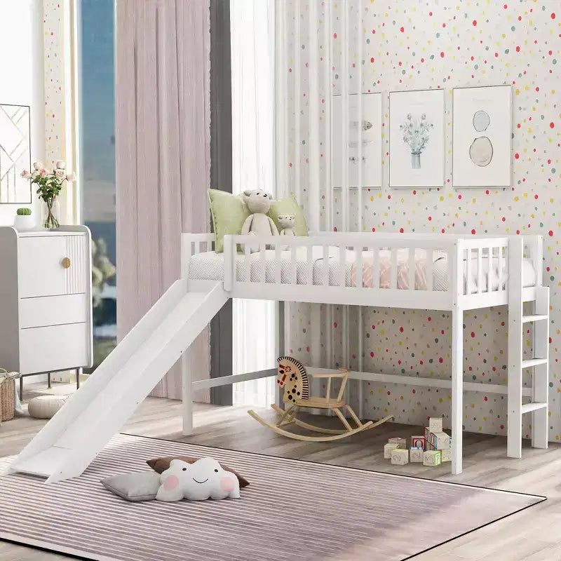 Letto a soppalco basso in legno misura doppia, con scaletta e scivolo, 77.4L x 40.5W, adatto a spazi piccoli