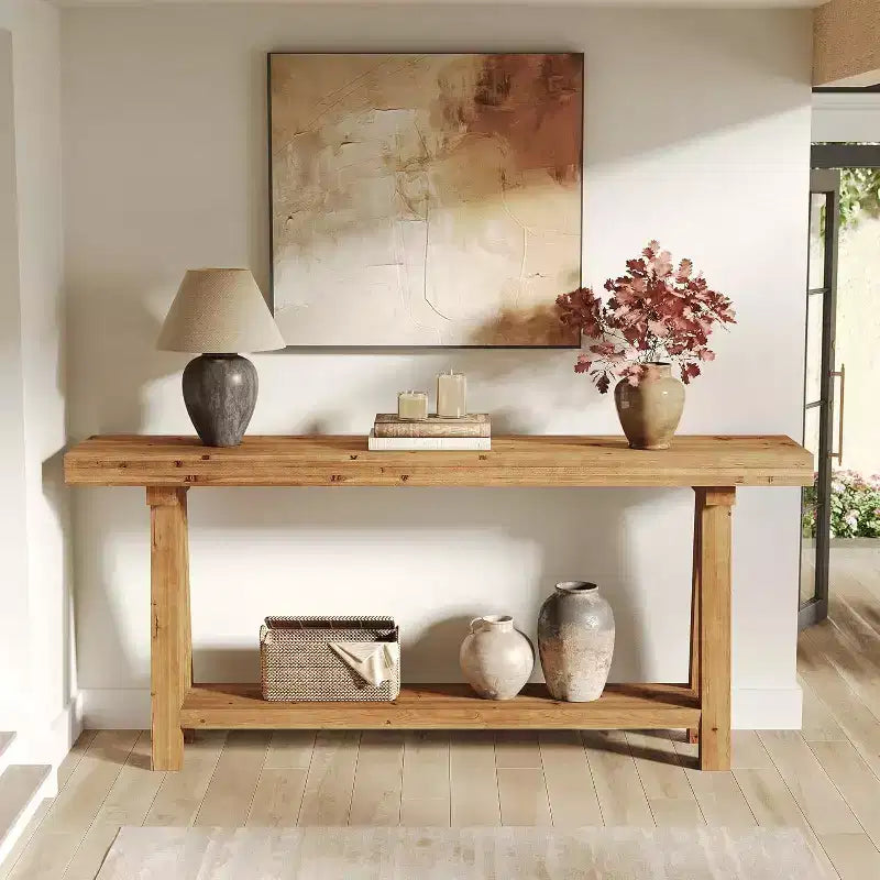 Lantine 70.9-Inch Solid Wood Console Table, Farmhouse Long Sofa Table with Shelves for Entryway, Living Room, Hallway, Foyer