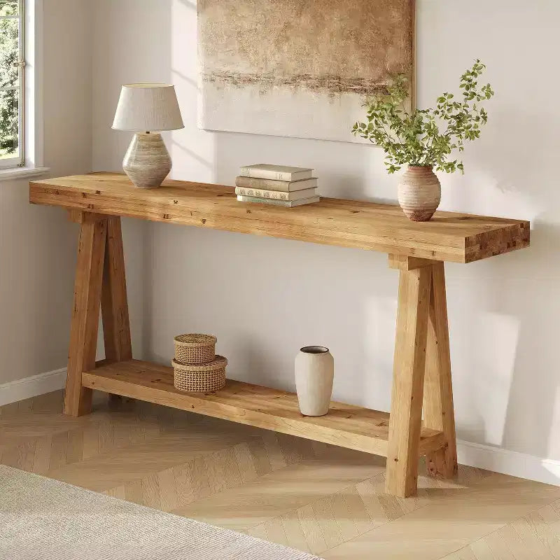 Tavolo console in legno massello da 70,9 pollici, tavolo lungo da divano in stile rustico con mensole per ingresso, soggiorno, corridoio, atrio