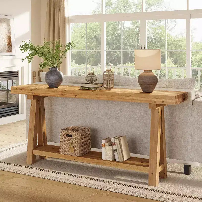 Tavolo console in legno massello da 70,9 pollici, tavolo lungo da divano in stile rustico con mensole per ingresso, soggiorno, corridoio, atrio