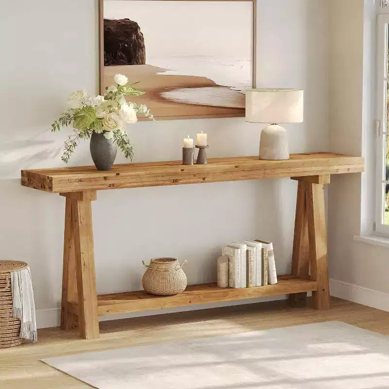 Tavolo console in legno massello da 70,9 pollici, tavolo lungo da divano in stile rustico con mensole per ingresso, soggiorno, corridoio, atrio