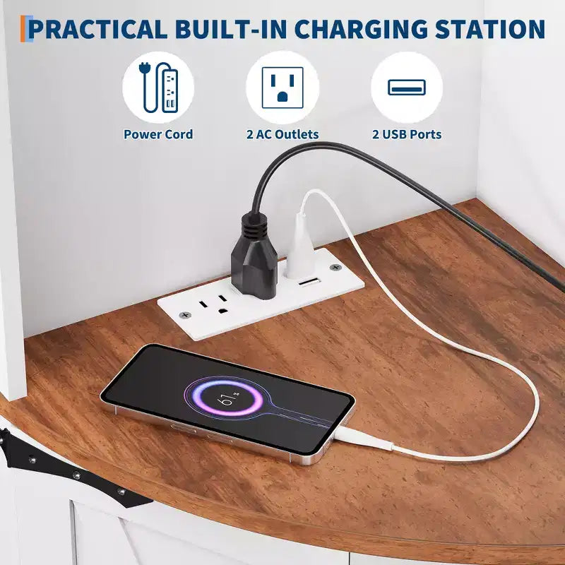 Mobiletto angolare da fattoria da 65 pollici con luce LED, espositore indipendente con anta scorrevole, 5 ripiani e porte USB e prese