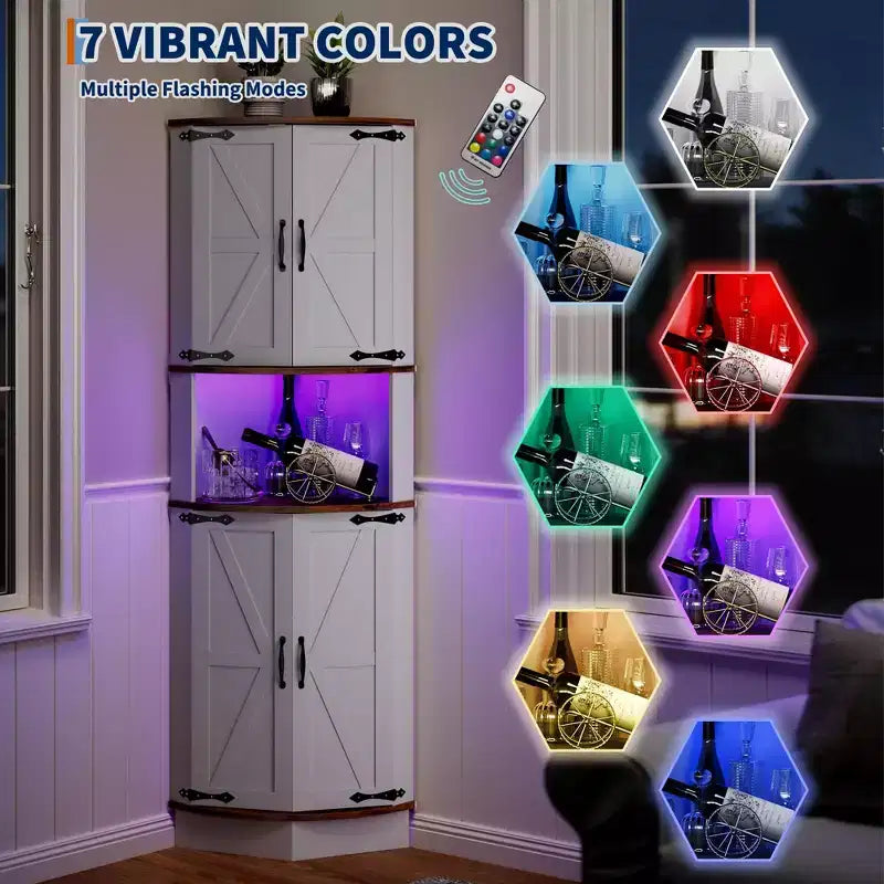 Mobiletto angolare da fattoria da 65 pollici con luce LED, espositore indipendente con anta scorrevole, 5 ripiani e porte USB e prese