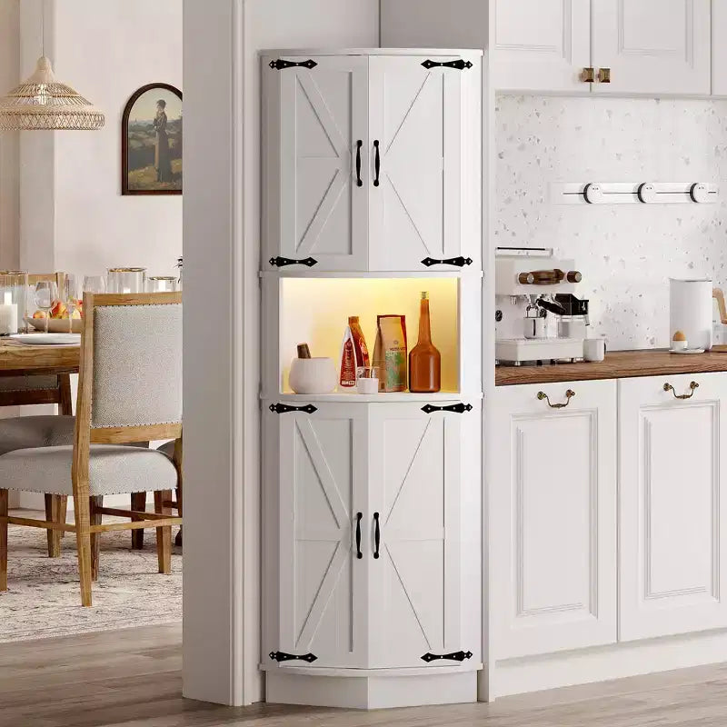 Mobiletto angolare da fattoria da 65 pollici con luce LED, espositore indipendente con anta scorrevole, 5 ripiani e porte USB e prese