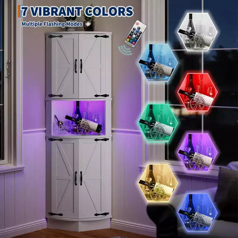 Mobiletto angolare da fattoria da 65 pollici con luce LED, espositore indipendente con anta scorrevole, 5 ripiani e porte USB e prese