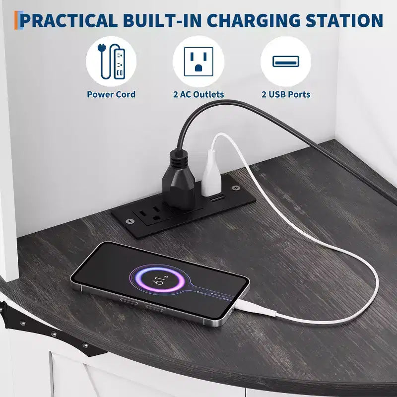 Mobiletto angolare da fattoria da 65 pollici con luce LED, espositore indipendente con anta scorrevole, 5 ripiani e porte USB e prese