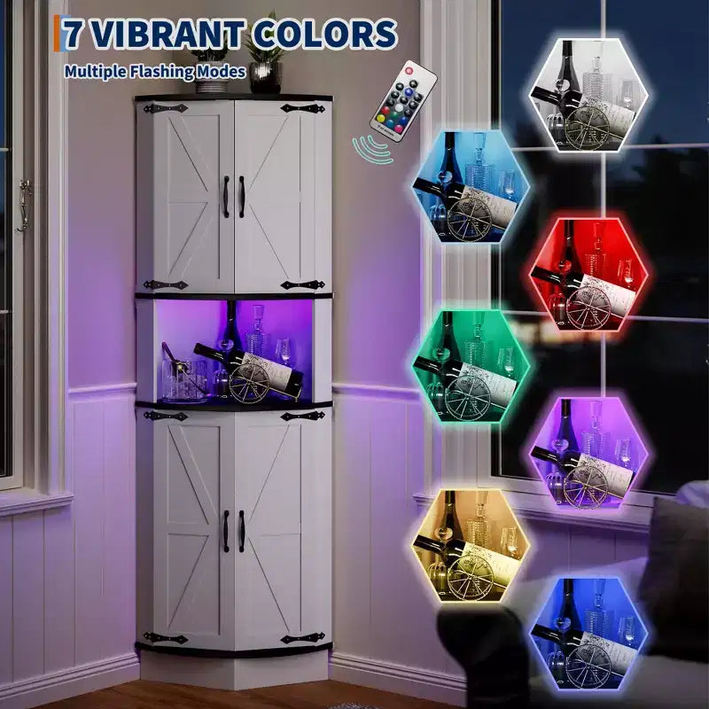 Mobiletto angolare da fattoria da 65 pollici con luce LED, espositore indipendente con anta scorrevole, 5 ripiani e porte USB e prese