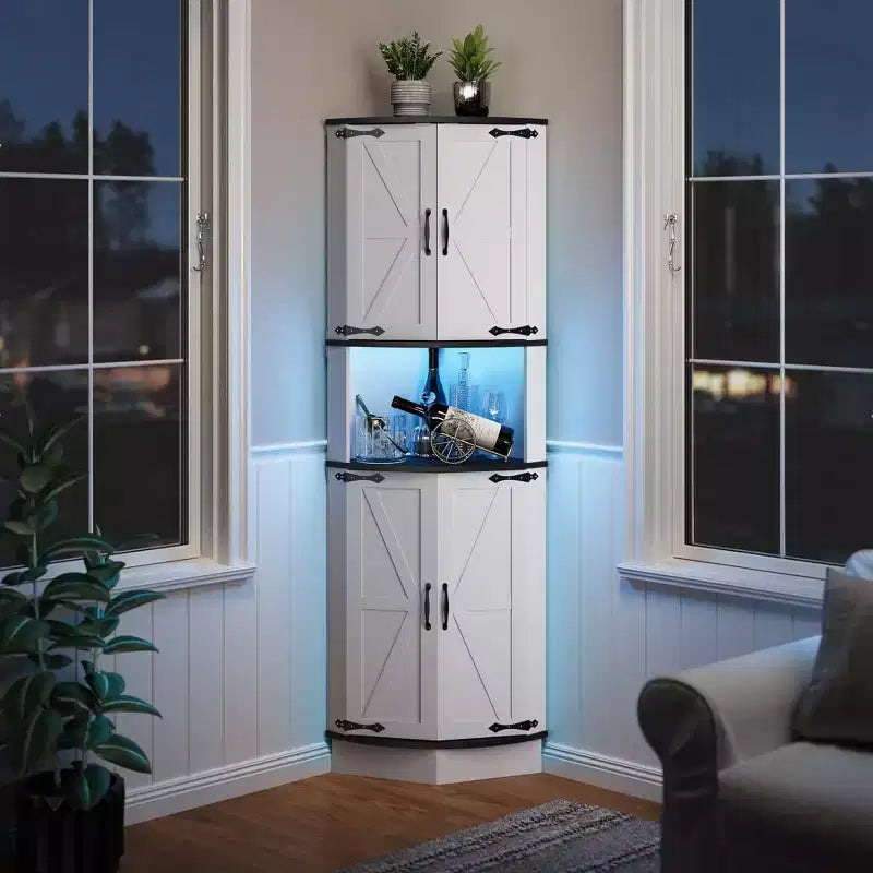 65 Farmhouse Corner Cabinet with LED Light, Freestanding Display Storage Cabinet with Barn Door, 5 Tier Shelves and USB Ports & Outlets