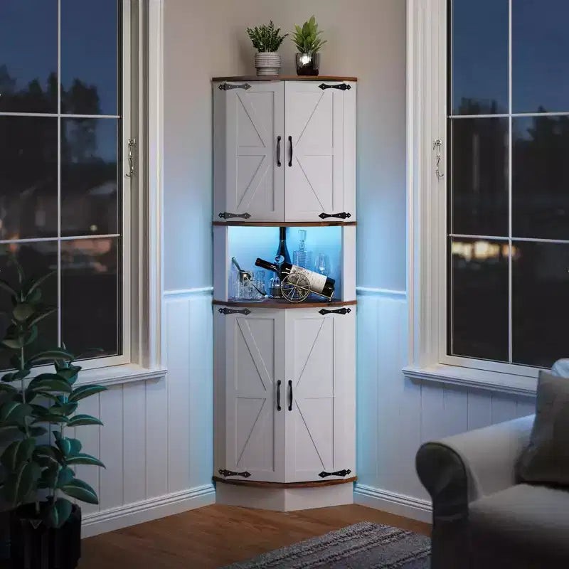 Mobiletto angolare da fattoria da 65 pollici con luce LED, espositore indipendente con anta scorrevole, 5 ripiani e porte USB e prese