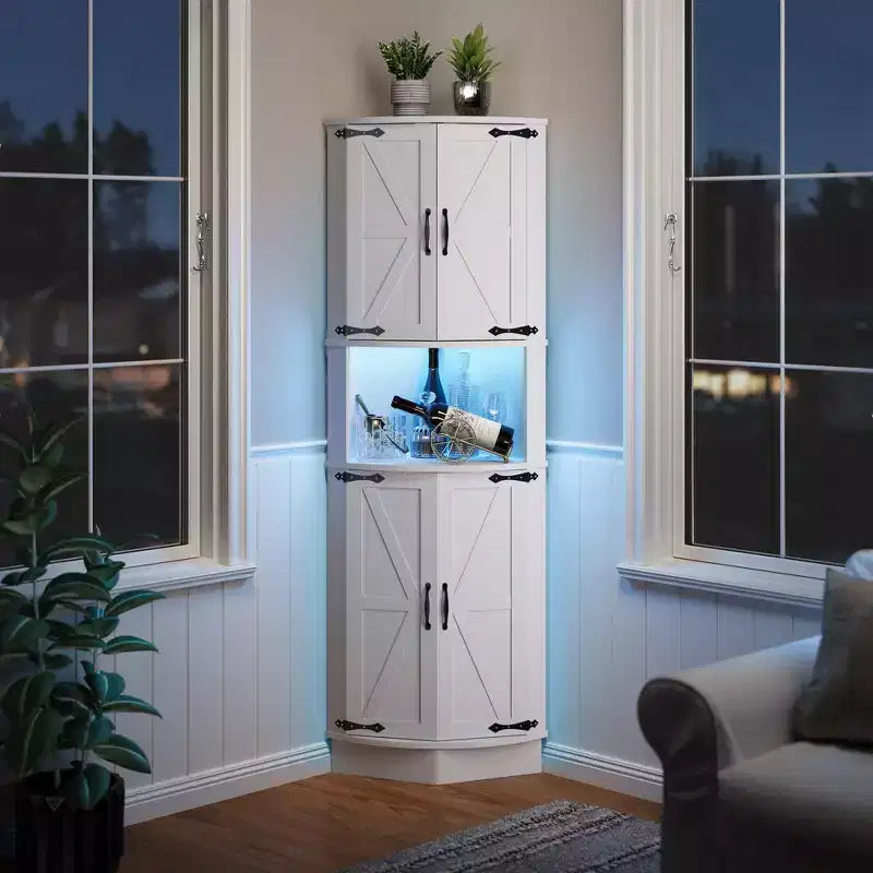 Mobiletto angolare da fattoria da 65 pollici con luce LED, espositore indipendente con anta scorrevole, 5 ripiani e porte USB e prese