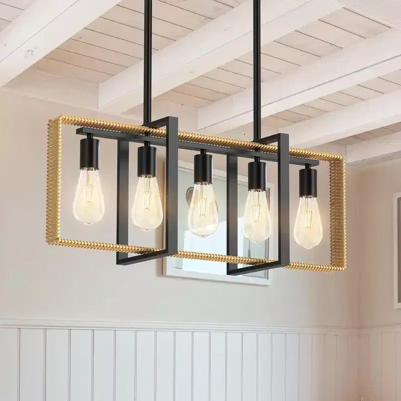 5-Light Rattan Island Light. Modern Farmhouse Chandelier w/ Adjustable Pendants. Black