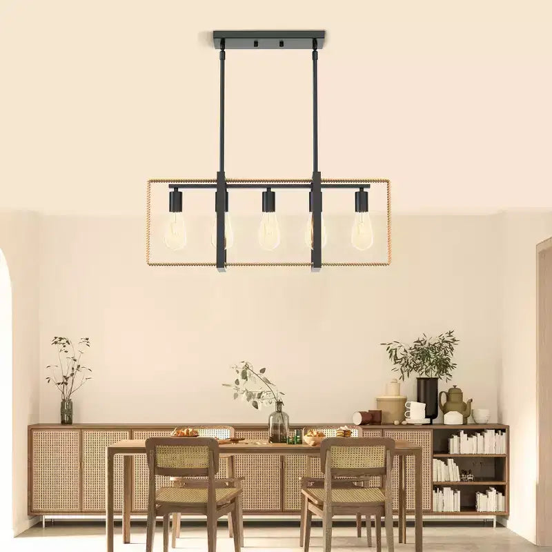 Lampadario a sospensione moderno stile coloniale con 5 luci e pendenti regolabili. Nero
