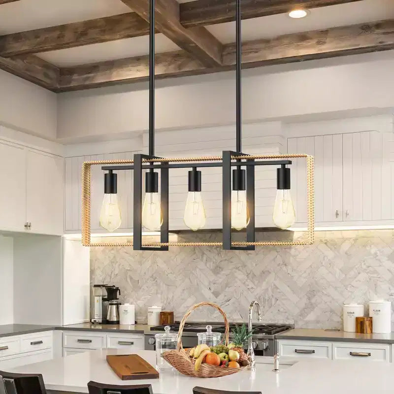 Lampadario a sospensione moderno stile coloniale con 5 luci e pendenti regolabili. Nero