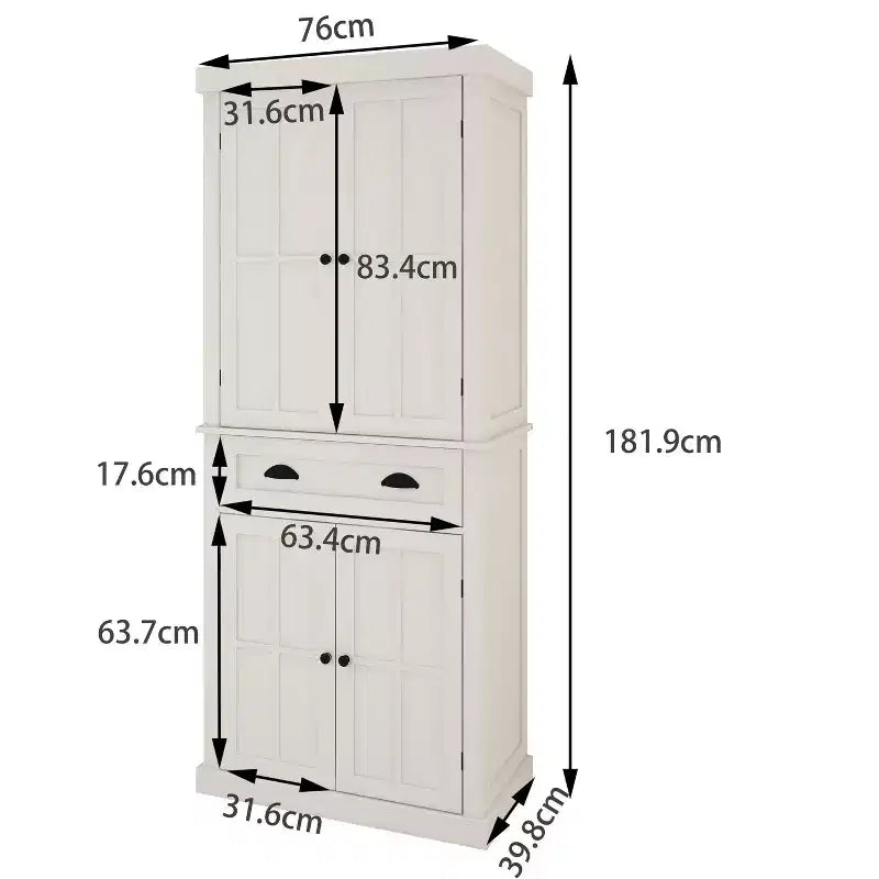 Armadio multiuso alto 180 cm con cassetto, 4 ante e ripiani regolabili per cucina o lavanderia