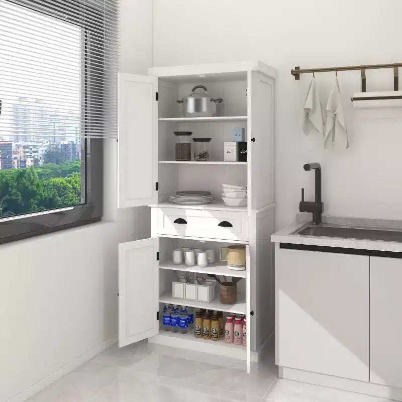 Armadio multiuso alto 180 cm con cassetto, 4 ante e ripiani regolabili per cucina o lavanderia