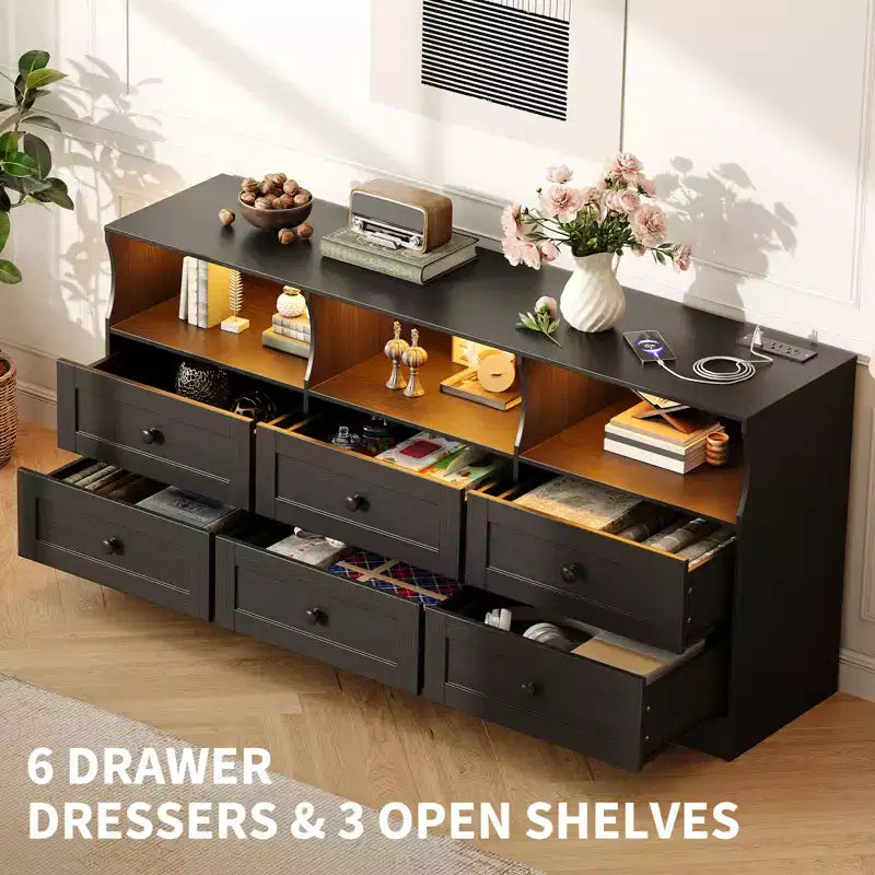 63 Inch 6-Drawer RGB Dresser with Power Outlet & Open Shelves, Wooden TV Stand Cabinet for Living Room/Bedroom, Black