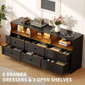 63 Inch 6-Drawer RGB Dresser with Power Outlet & Open Shelves, Wooden TV Stand Cabinet for Living Room/Bedroom, Black