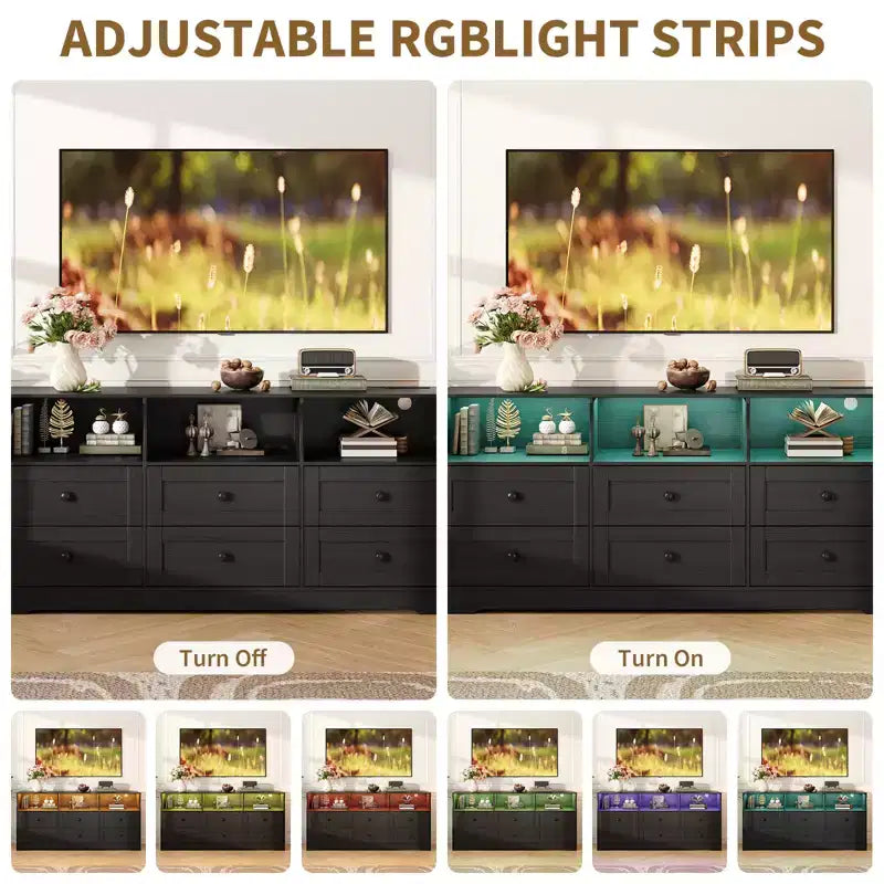 Comò a LED da 63 pollici con 6 cassetti, presa di corrente e ripiani aperti, mobile TV in legno per soggiorno/camera da letto, nero