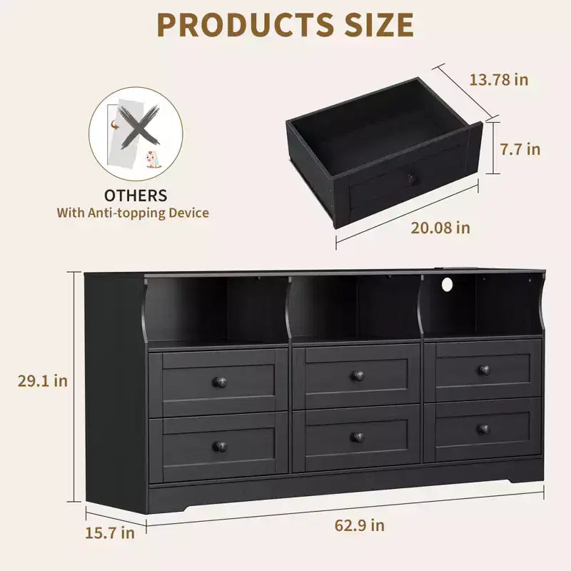 Comò a LED da 63 pollici con 6 cassetti, presa di corrente e ripiani aperti, mobile TV in legno per soggiorno/camera da letto, nero