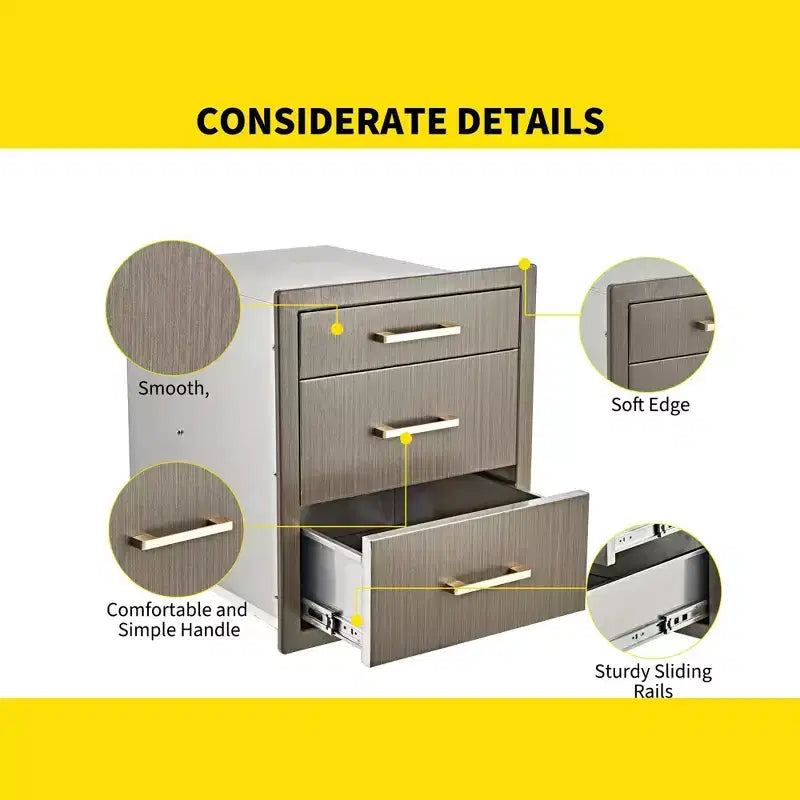 Cassetti da Cucina per Esterni 17 L x 20 H x 20 P, Cassetti Tripli per Barbecue a Filo con Maniglia in Acciaio Inossidabile per Cucine Esterne, Isola BBQ