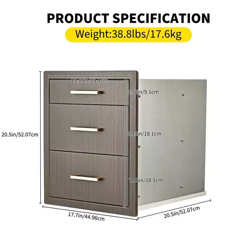 Cassetti da Cucina per Esterni 17 L x 20 H x 20 P, Cassetti Tripli per Barbecue a Filo con Maniglia in Acciaio Inossidabile per Cucine Esterne, Isola BBQ