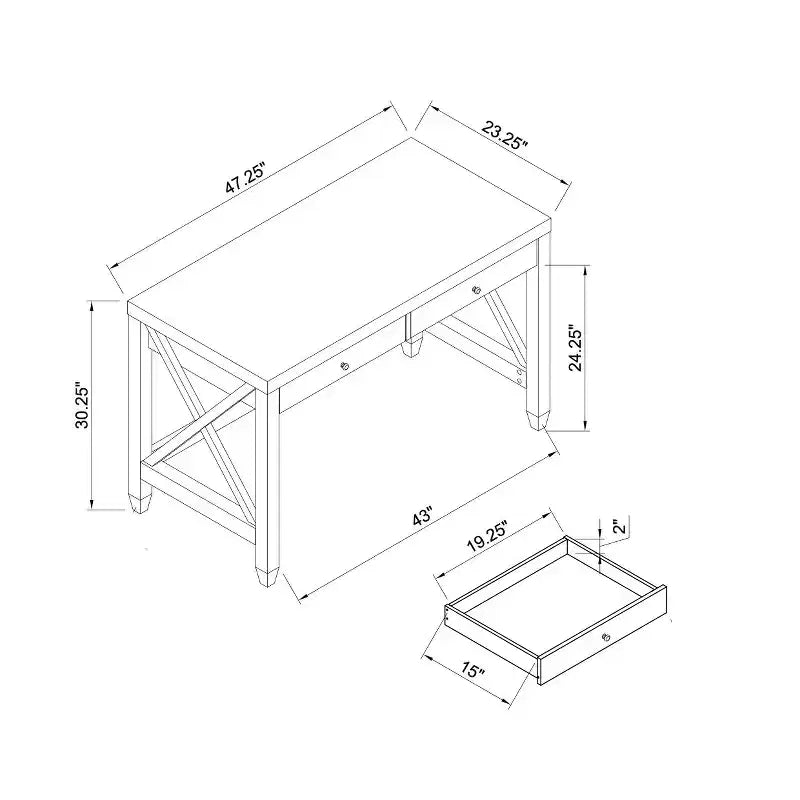 Scrivania da Ufficio in Legno, Scrittoio con Maniglie a Pomello in Legno e Due Cassetti, Telaio con Gambe a X, Scrivania Galleggiante per Ufficio, Studio, Camera da Letto