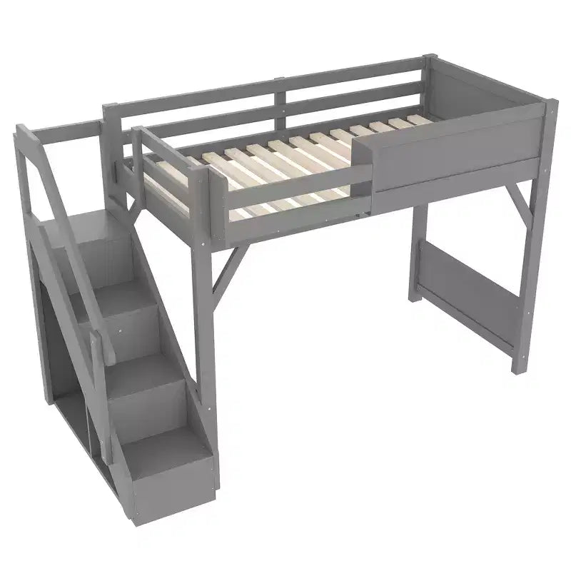 Letto a soppalco con armadio a muro e spazio di archiviazione, struttura del letto a soppalco in legno massello con mensole laterali, ringhiera a tutta lunghezza e scala