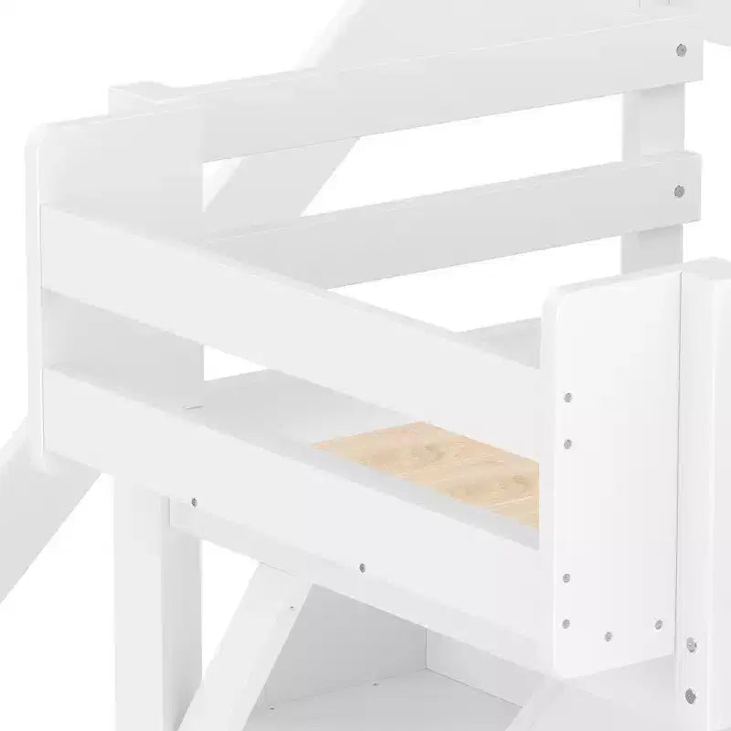 Letto a soppalco con armadio a muro e spazio di archiviazione, struttura del letto a soppalco in legno massello con mensole laterali, ringhiera a tutta lunghezza e scala