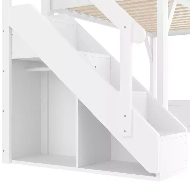 Letto a soppalco con armadio a muro e spazio di archiviazione, struttura del letto a soppalco in legno massello con mensole laterali, ringhiera a tutta lunghezza e scala