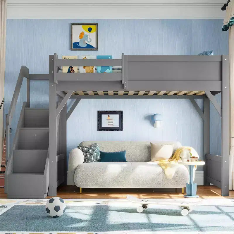 Letto a soppalco con armadio a muro e spazio di archiviazione, struttura del letto a soppalco in legno massello con mensole laterali, ringhiera a tutta lunghezza e scala