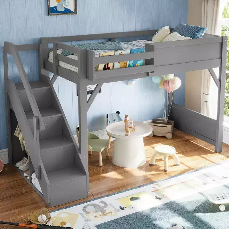 Letto a soppalco con armadio a muro e spazio di archiviazione, struttura del letto a soppalco in legno massello con mensole laterali, ringhiera a tutta lunghezza e scala