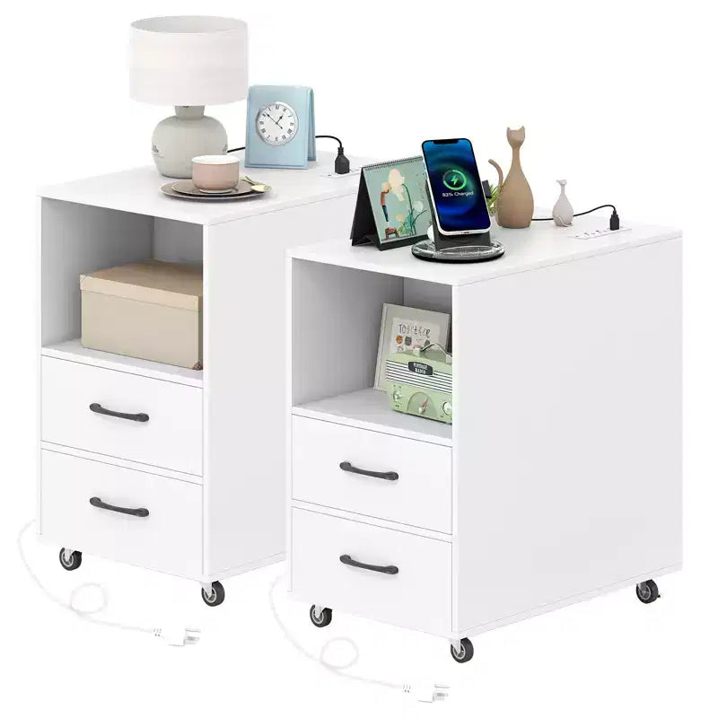 Costway 2PCS End Table w/Built-in Charging Station USB Ports Outlets 2 Drawers 3 Shelves White