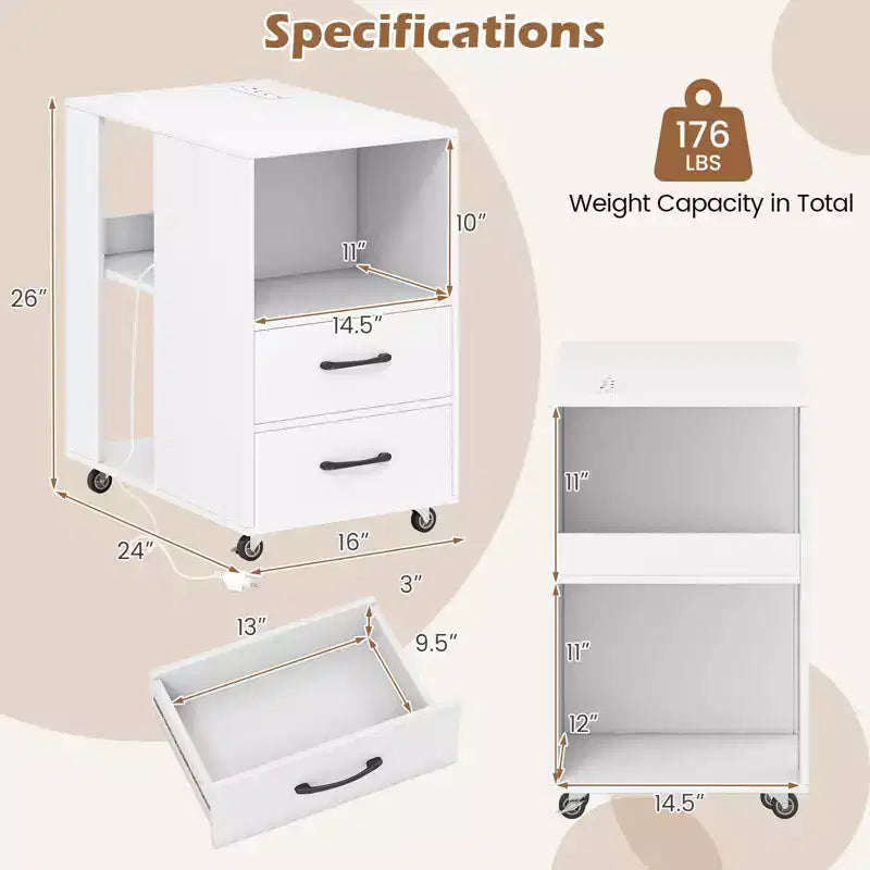 Tavolino con stazione di ricarica integrata, porte USB, prese, 2 cassetti, 3 ripiani, Bianco
