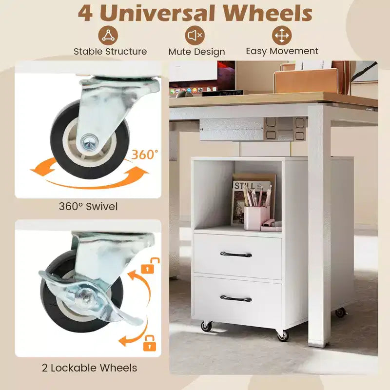 Tavolino con stazione di ricarica integrata, porte USB, prese, 2 cassetti, 3 ripiani, Bianco