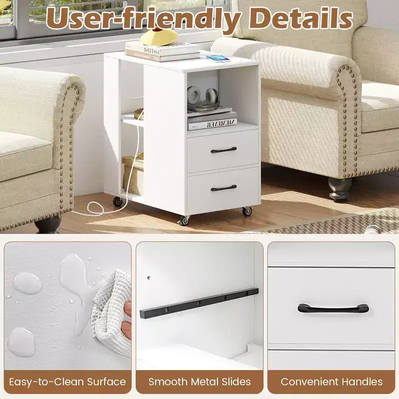 Tavolino con stazione di ricarica integrata, porte USB, prese, 2 cassetti, 3 ripiani, Bianco
