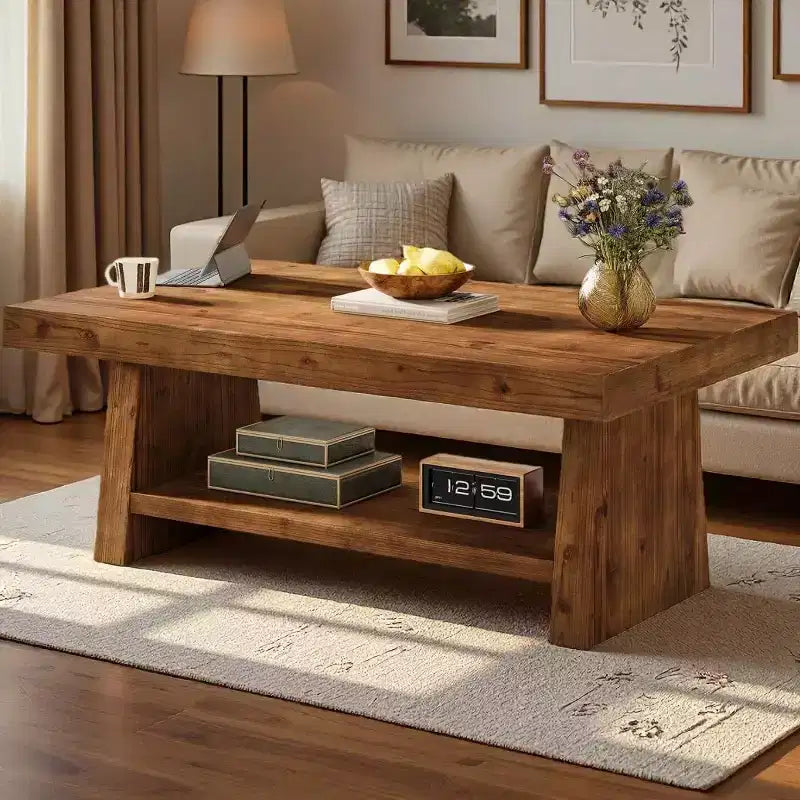 Tavolino da caffè a 2 ripiani in legno massello, tavolino centrale rustico da 119 cm con contenitore per soggiorno, appartamento, ufficio, marrone scuro