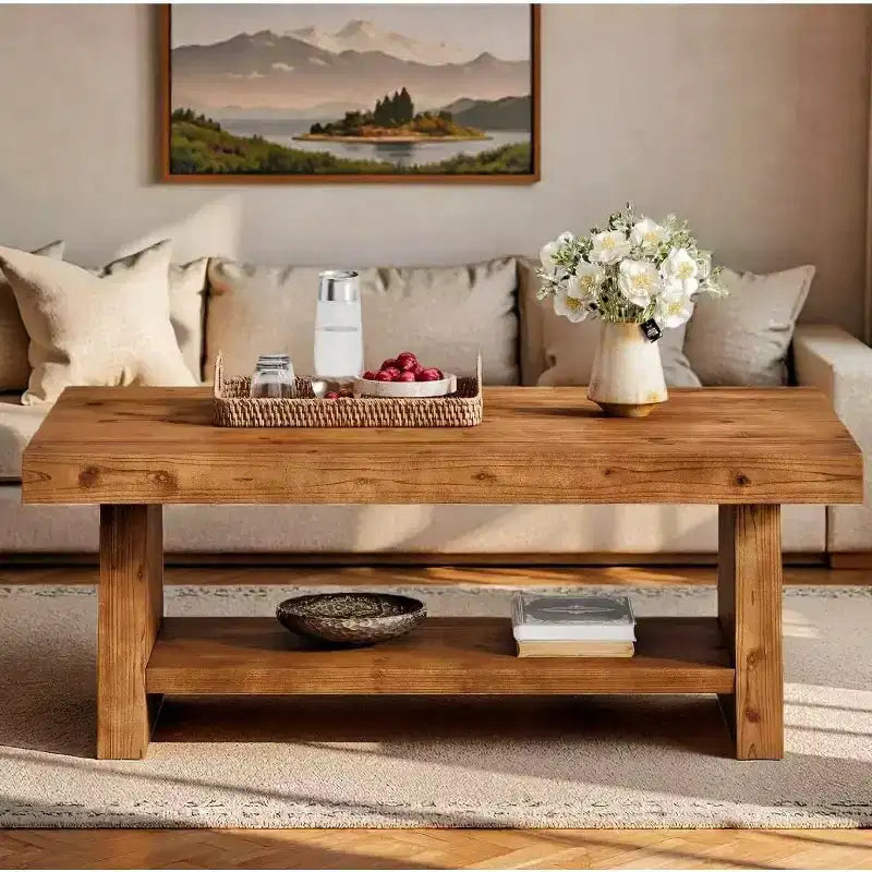 Tavolino da caffè a 2 ripiani in legno massello, tavolino centrale rustico da 119 cm con contenitore per soggiorno, appartamento, ufficio, marrone scuro