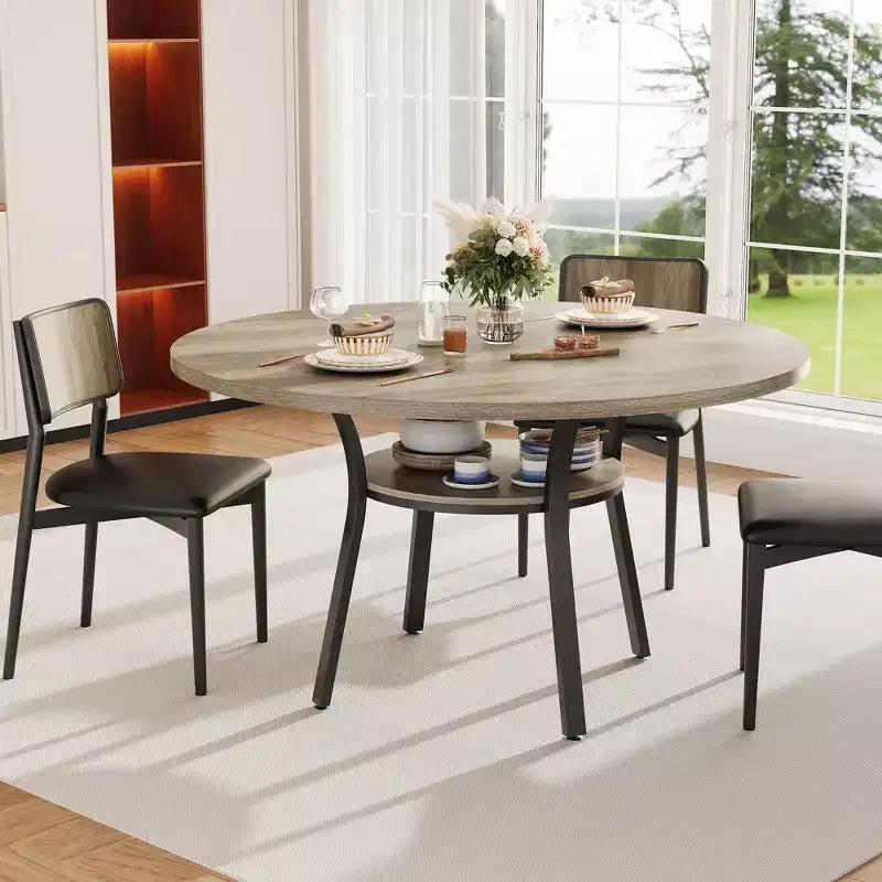 Tavolo da pranzo rotondo Farmhouse 47 per 4-6 persone, tavolo da cucina e colazione rustico in legno con ripiano portaoggetti, design salvaspazio per piccoli appartamenti